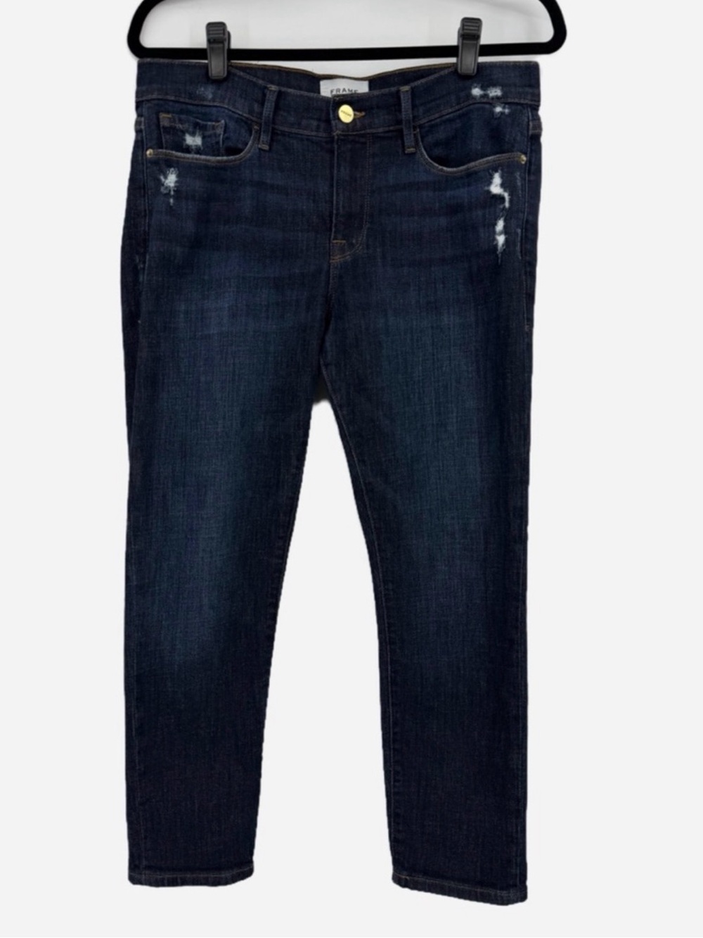 FRAME Le Garçon Crop Jeans Size 27 Dark Wash Distressed Slim Straight Denim